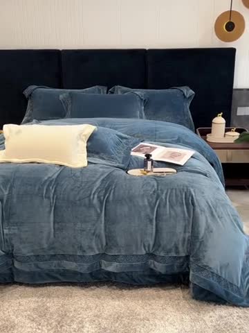 91家纺网 家纺一手货源 找家纺 榻尚 2023新款婴肤绒镂空工艺四件套-柔梦系列  梦幻蓝