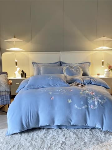 91家纺网 家纺一手货源 找家纺 宅家居 2023新款蒂娜系列加厚牛奶绒刺绣四件套 蒂娜-蓝色