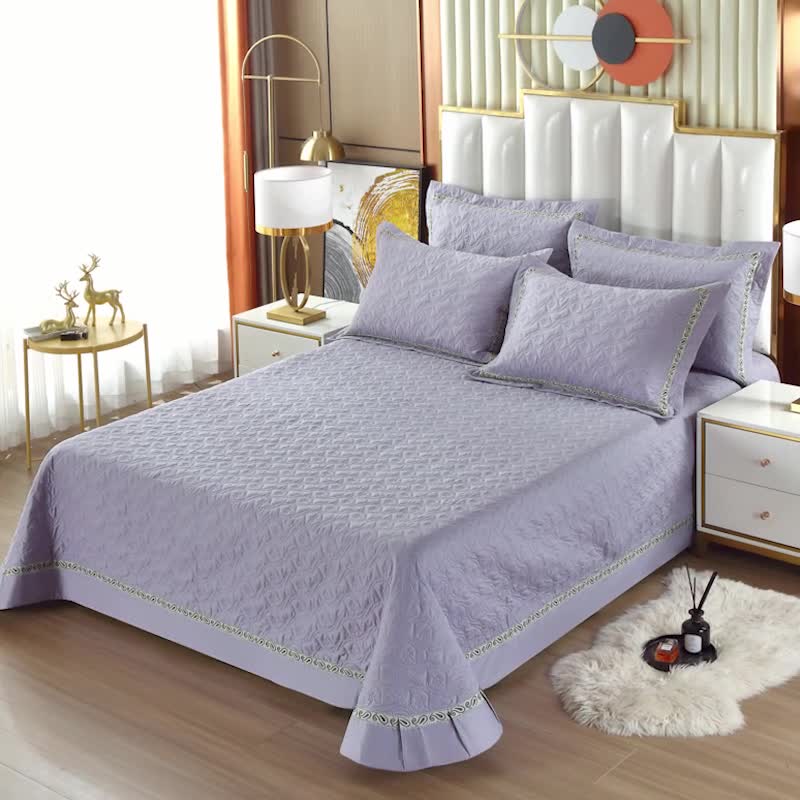 91家纺网 家纺一手货源 找家纺 OL家纺 2022新款纯色全棉夹棉床盖单件三件套 浅紫