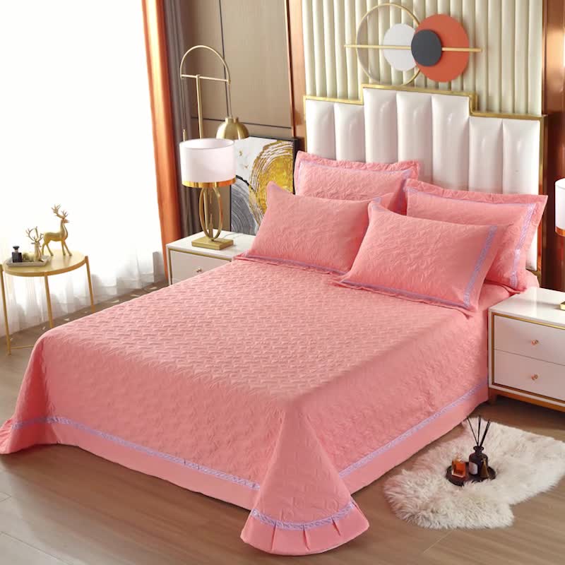 91家纺网 家纺一手货源 找家纺 OL家纺 2022新款纯色全棉夹棉床盖单件三件套 粉玉