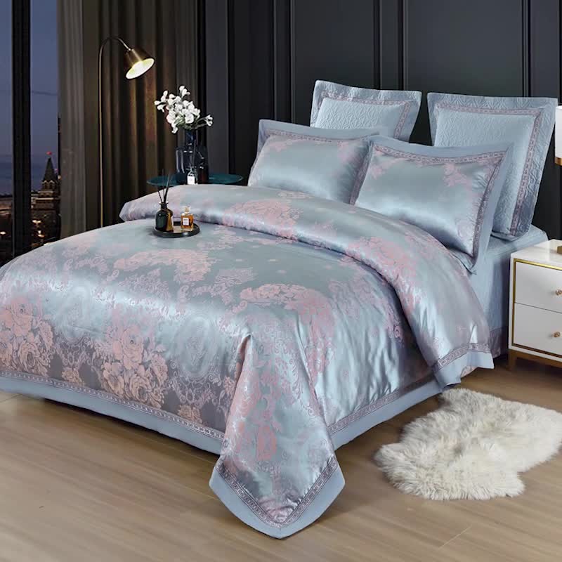 91家纺网 家纺一手货源 找家纺 OL家纺 新款色织欧式丝加棉大提花床裙夹棉四面围布四件套 淡雅如心-水绿