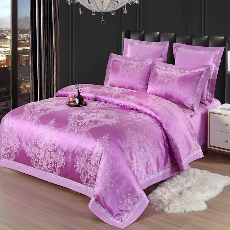 91家纺网 家纺一手货源 找家纺 OL家纺 新款色织欧式丝加棉大提花床裙夹棉四面围布四件套 国色芳华-雪青