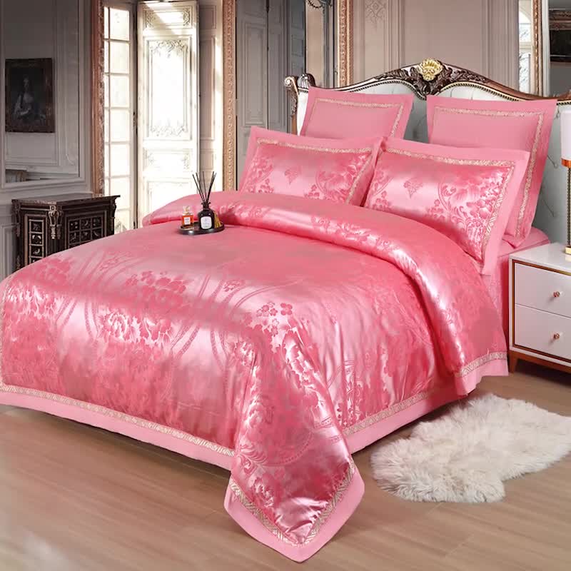 91家纺网 家纺一手货源 找家纺 OL家纺 新款色织欧式丝加棉大提花床裙夹棉四面围布四件套 花开富贵-橡皮红