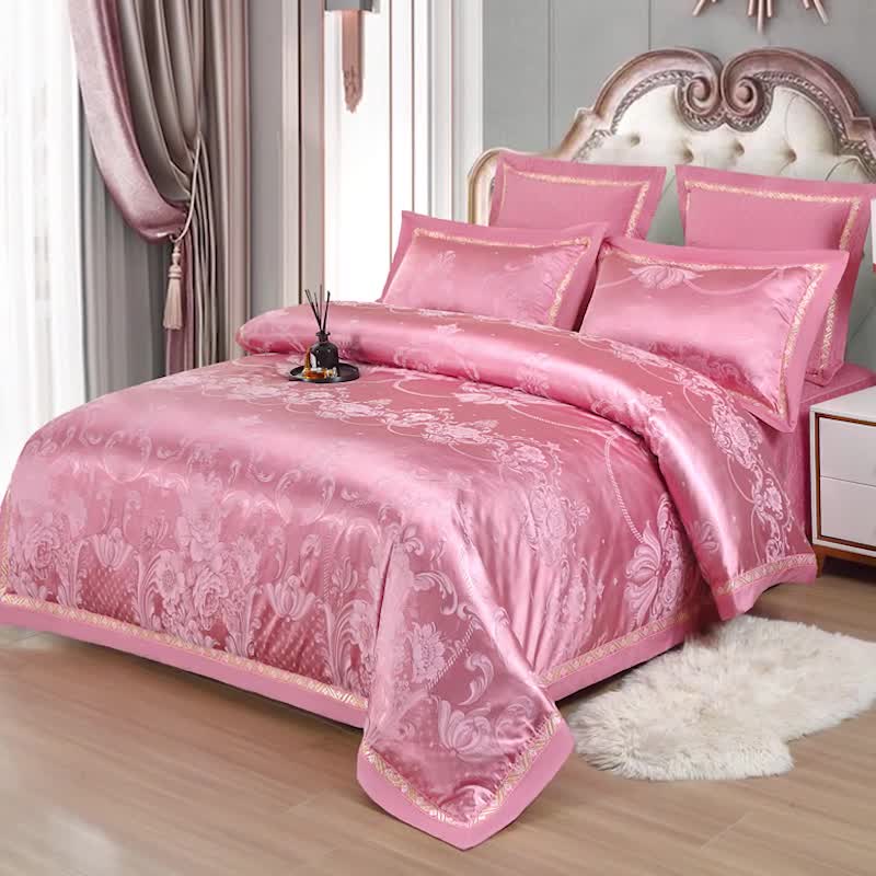 91家纺网 家纺一手货源 找家纺 OL家纺 新款色织欧式丝加棉大提花床裙夹棉四面围布四件套 华贵倾城-豆沙粉