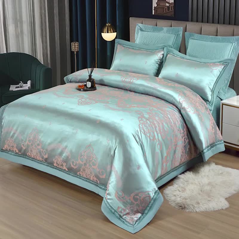 91家纺网 家纺一手货源 找家纺 OL家纺 新款色织欧式丝加棉大提花床裙夹棉四面围布四件套 克里斯娜-繁星兰