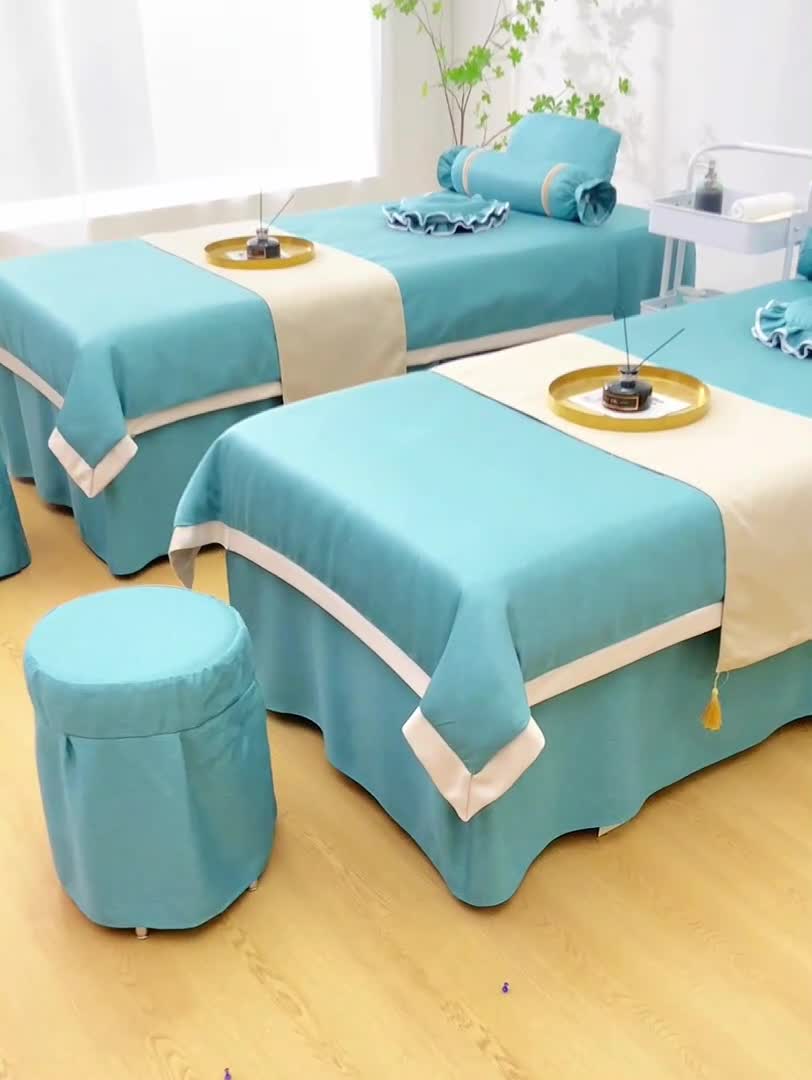 91家纺网 家纺一手货源 找家纺 不打烊家纺2022新款美容床罩系列套件—风华绝代 湖蓝