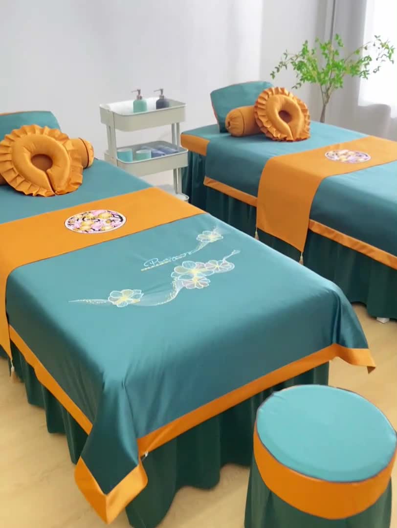 91家纺网 家纺一手货源 找家纺 不打烊家纺 2025新款欧洲尼美容床罩系列套件—墨绿款 花好月圆孔雀蓝