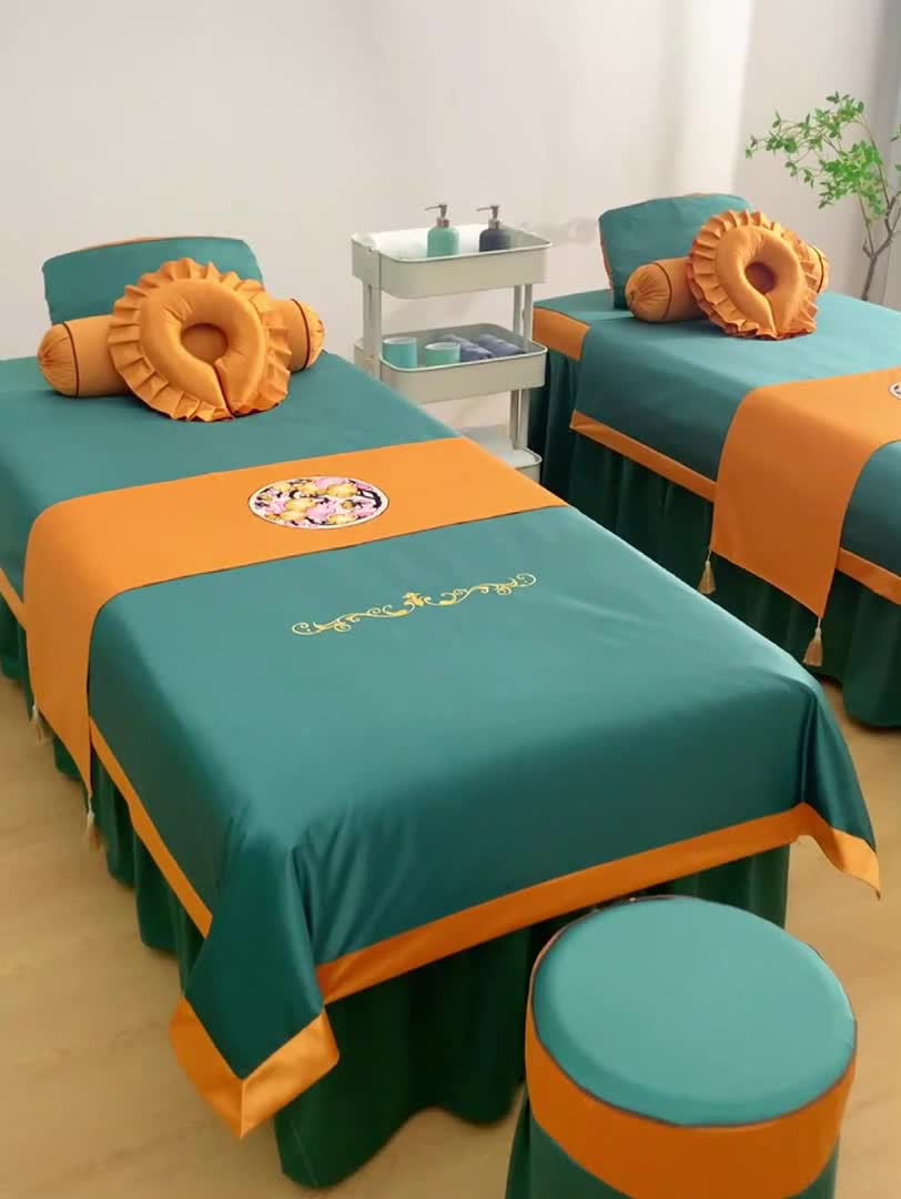 91家纺网 家纺一手货源 找家纺 不打烊家纺 2025新款欧洲尼美容床罩系列套件—墨绿款 清秀佳人孔雀蓝