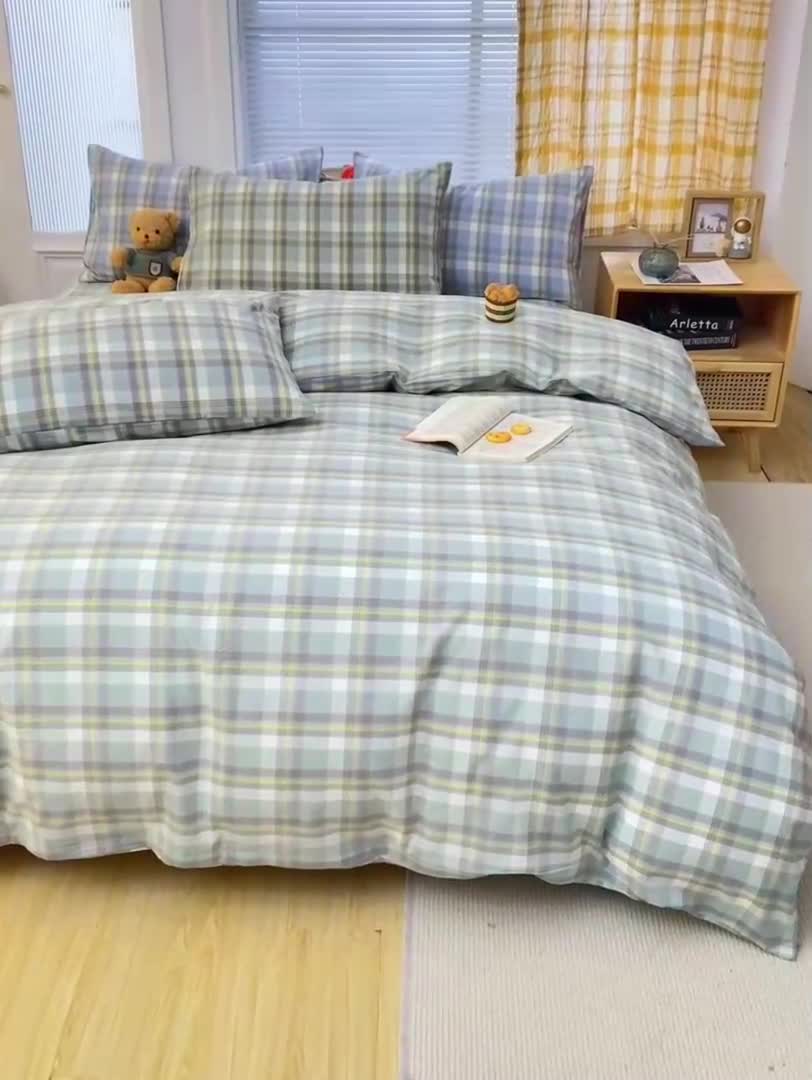 91家纺网 家纺一手货源 找家纺 柠萌家居 2022新款全棉色织水洗棉无印风四件套 遇见绿格