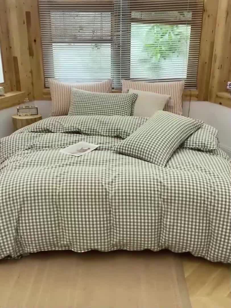 91家纺网 家纺一手货源 找家纺 柠萌家居 2022新款全棉色织水洗棉无印风四件套 小绿格