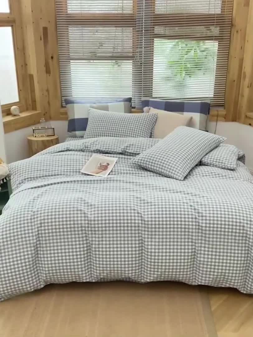 91家纺网 家纺一手货源 找家纺 柠萌家居 2022新款全棉色织水洗棉无印风四件套 小兰格