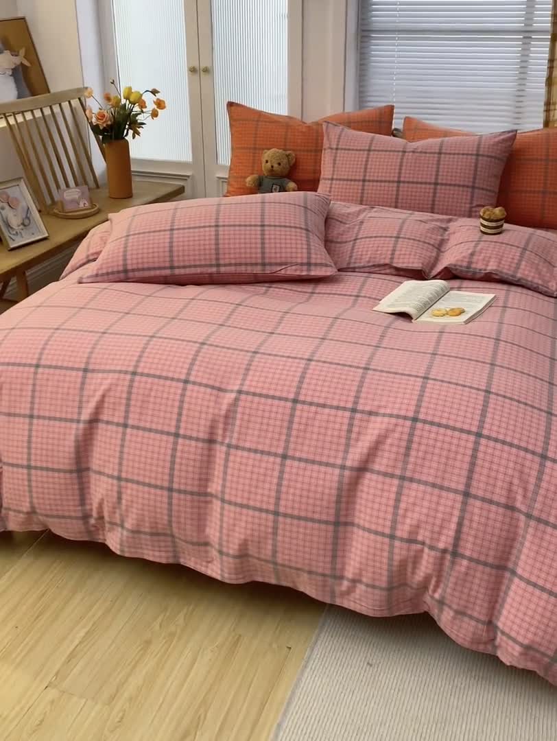 91家纺网 家纺一手货源 找家纺 柠萌家居 2022新款全棉色织水洗棉无印风四件套 瓦尔粉