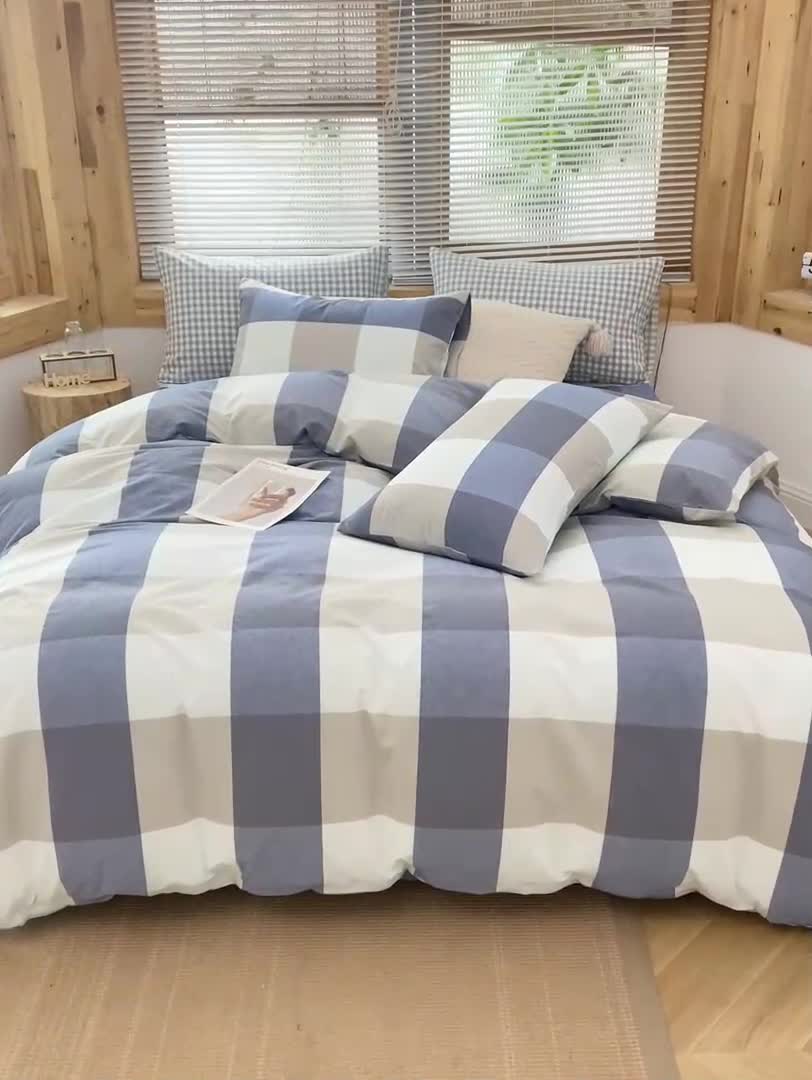 91家纺网 家纺一手货源 找家纺 柠萌家居 2022新款全棉色织水洗棉无印风四件套 蓝白大格