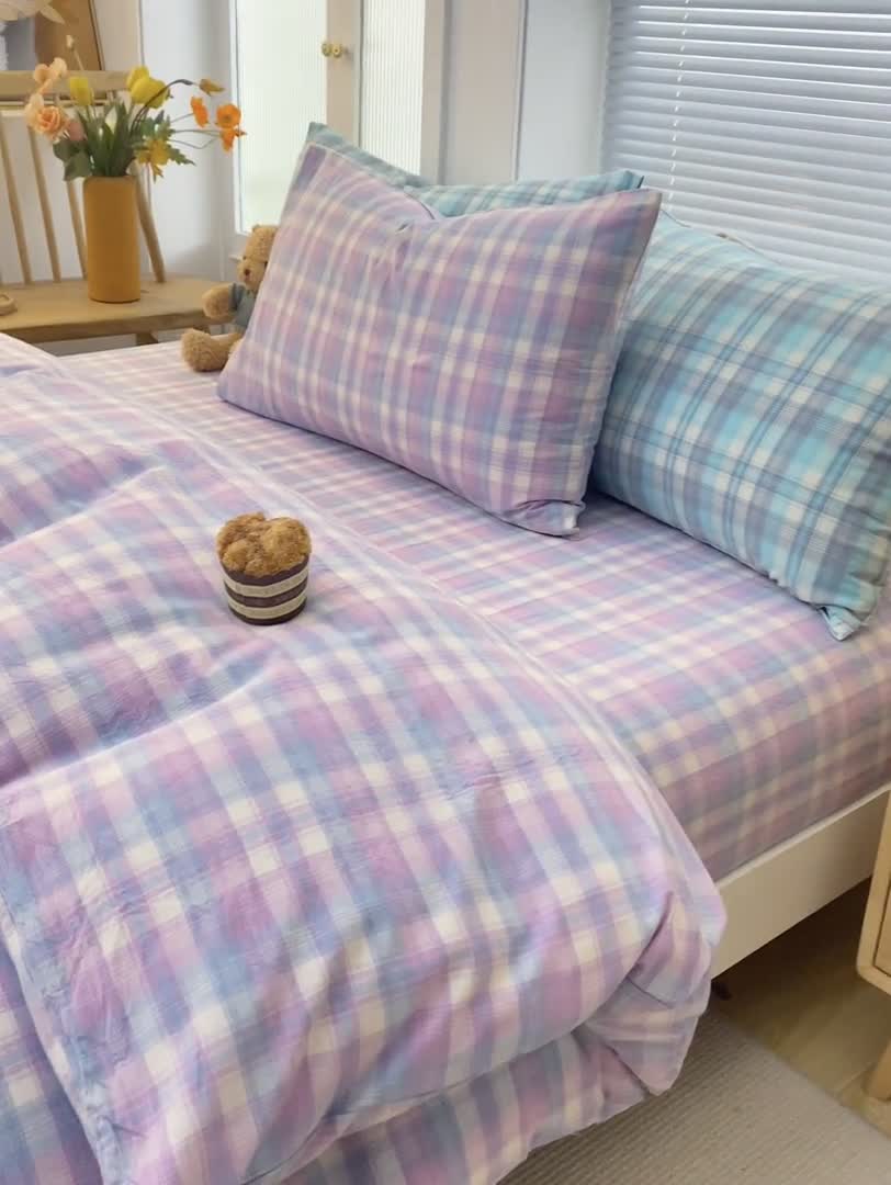 91家纺网 家纺一手货源 找家纺 柠萌家居 2022新款全棉色织水洗棉无印风四件套 简爱紫格