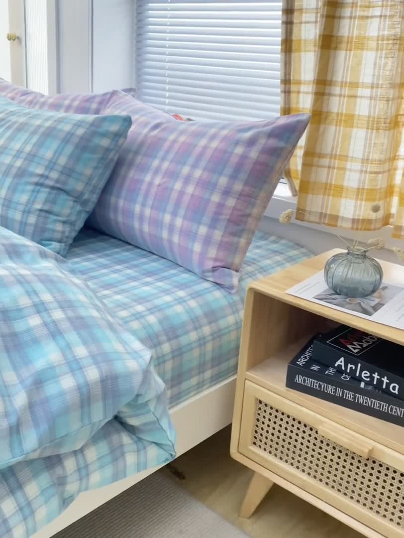 91家纺网 家纺一手货源 找家纺 柠萌家居 2022新款全棉色织水洗棉无印风四件套 简爱绿格