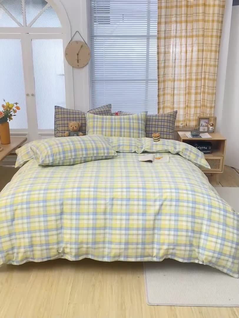 91家纺网 家纺一手货源 找家纺 柠萌家居 2022新款全棉色织水洗棉无印风四件套 简爱黄格