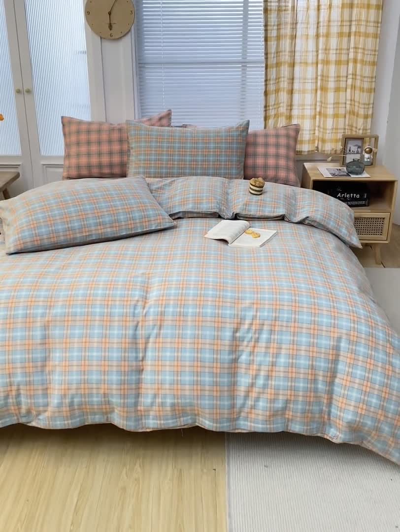 91家纺网 家纺一手货源 找家纺 柠萌家居 2022新款全棉色织水洗棉无印风四件套 芳华绿