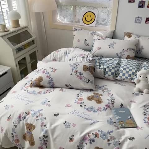 91家纺网 家纺一手货源 找家纺 金丝鸟 2022秋冬新品全棉四件套 花环熊