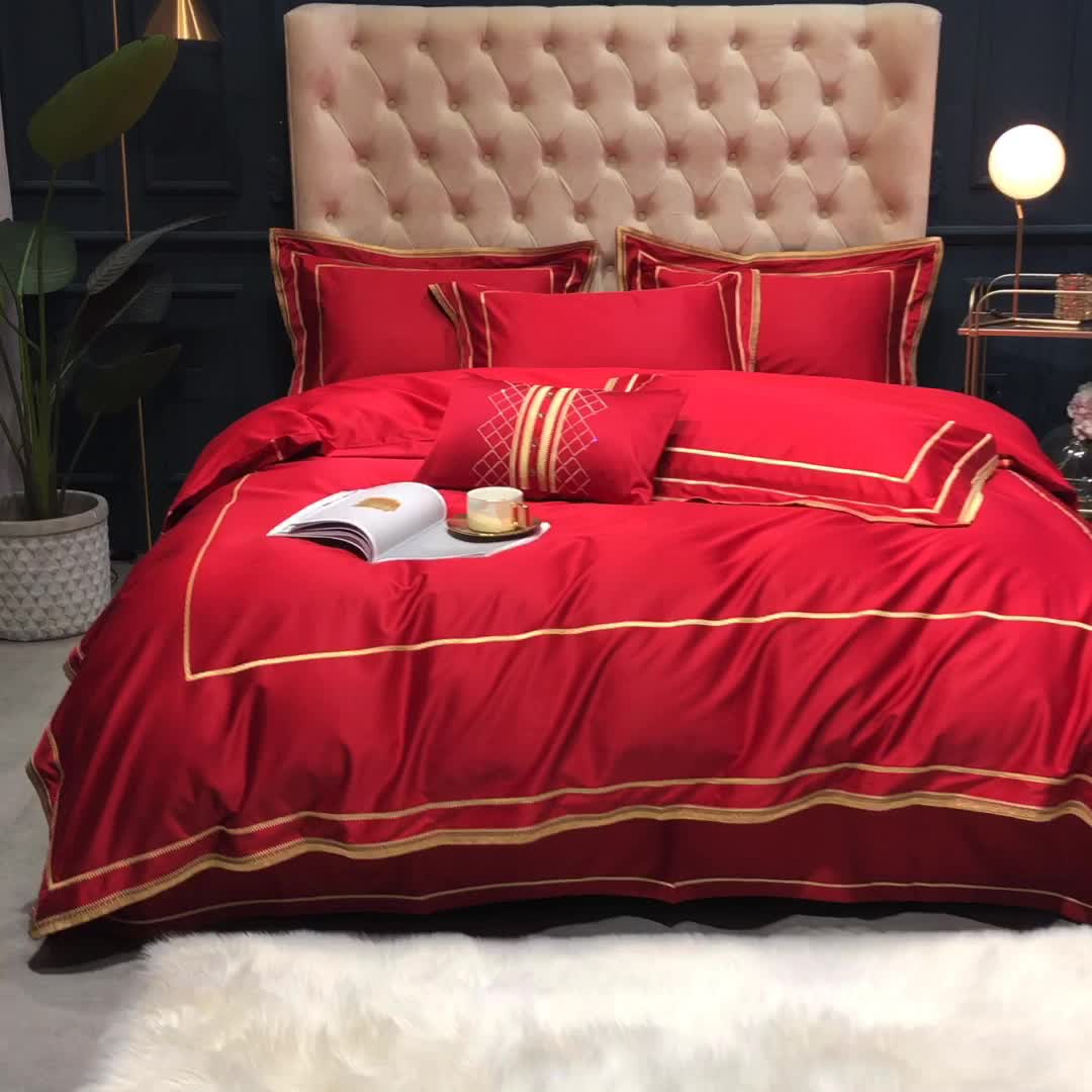 91家纺网 家纺一手货源 找家纺 馨蕊 2022新款100支莫兰迪刺绣全棉四件套 温莎红