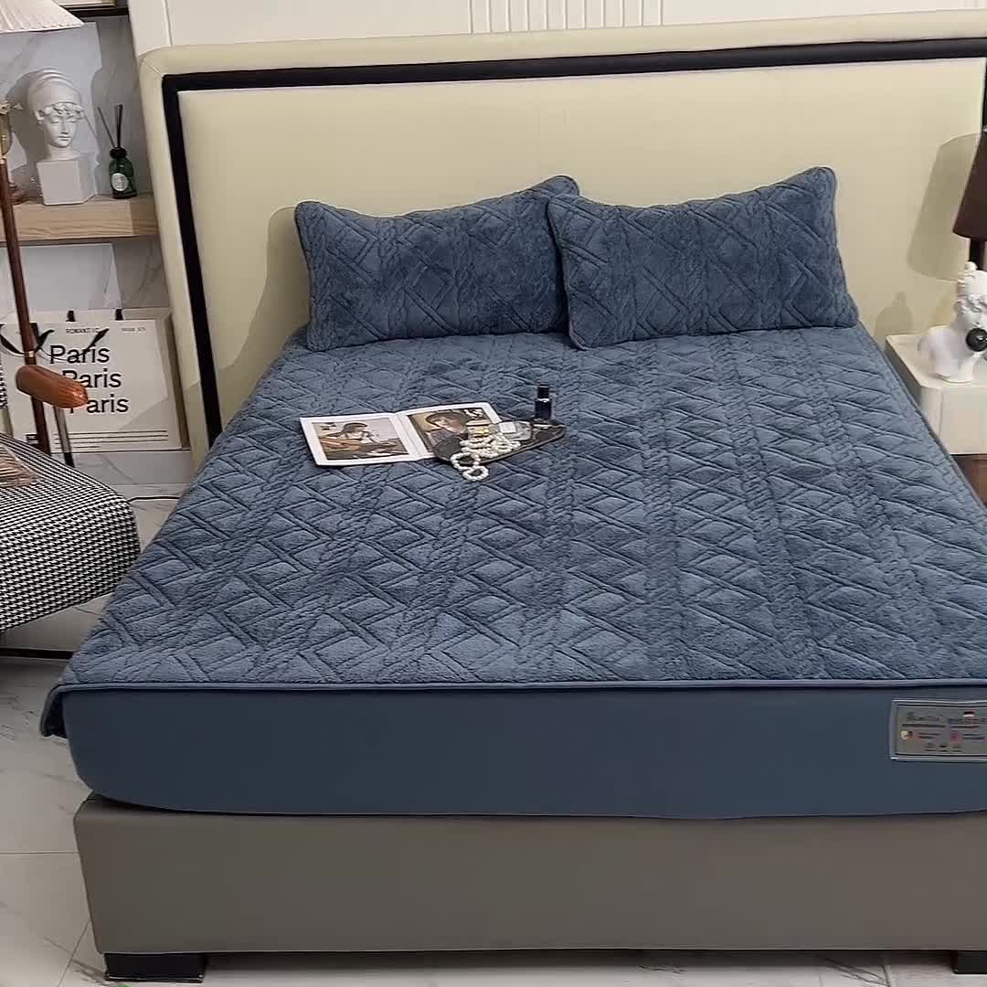 91家纺网 家纺一手货源 找家纺 豪选 2025新款羊羔绒德绒夹棉速暖加厚夹棉床笠 德绒蓝灰