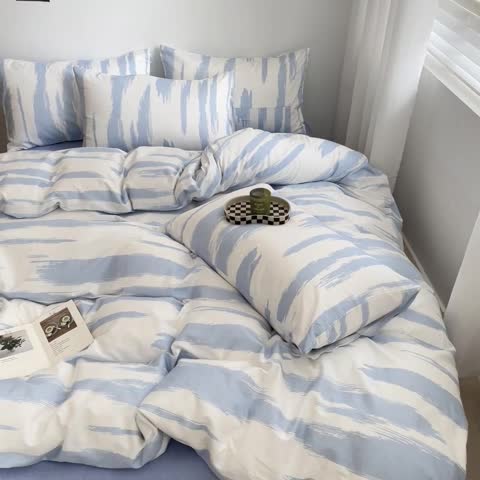 91家纺网 家纺一手货源 找家纺 吉象家纺 2022新款全棉北欧风印花系列四件套 文艺蓝