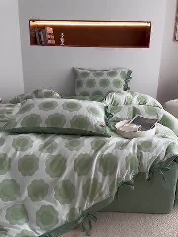 91家纺网 家纺一手货源 找家纺 安莱生活 双层纱太阳花工艺款绑带款太阳花高端四件套 太阳花-嫩绿