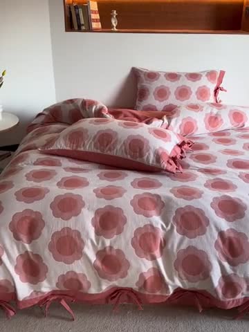 91家纺网 家纺一手货源 找家纺 安莱生活 双层纱太阳花工艺款绑带款太阳花高端四件套 太阳花-桔红