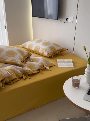 91家纺网 家纺一手货源 找家纺 安莱生活 双层纱太阳花工艺款绑带款太阳花高端四件套 太阳花-姜黄