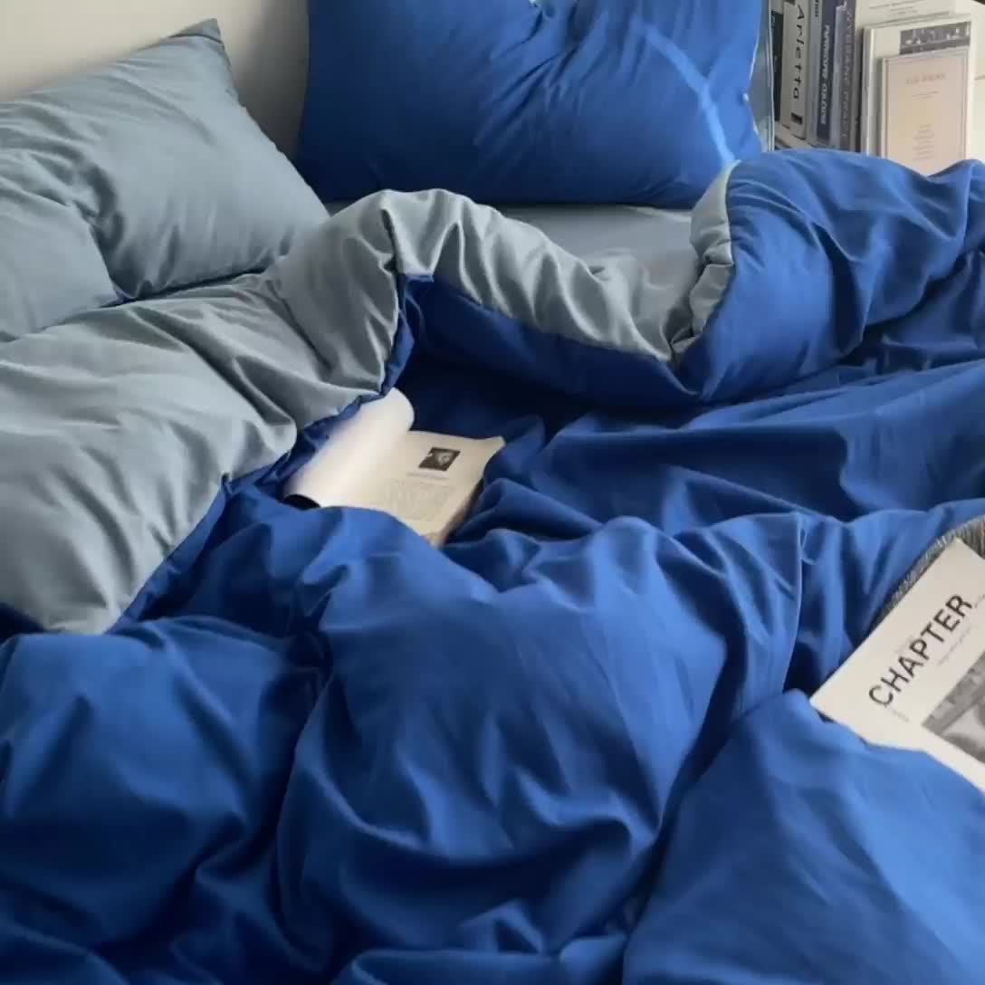 91家纺网 家纺一手货源 找家纺 贝拉梦 2023亲肤棉北欧简约风纯色双拼105G单品被套 克莱因蓝