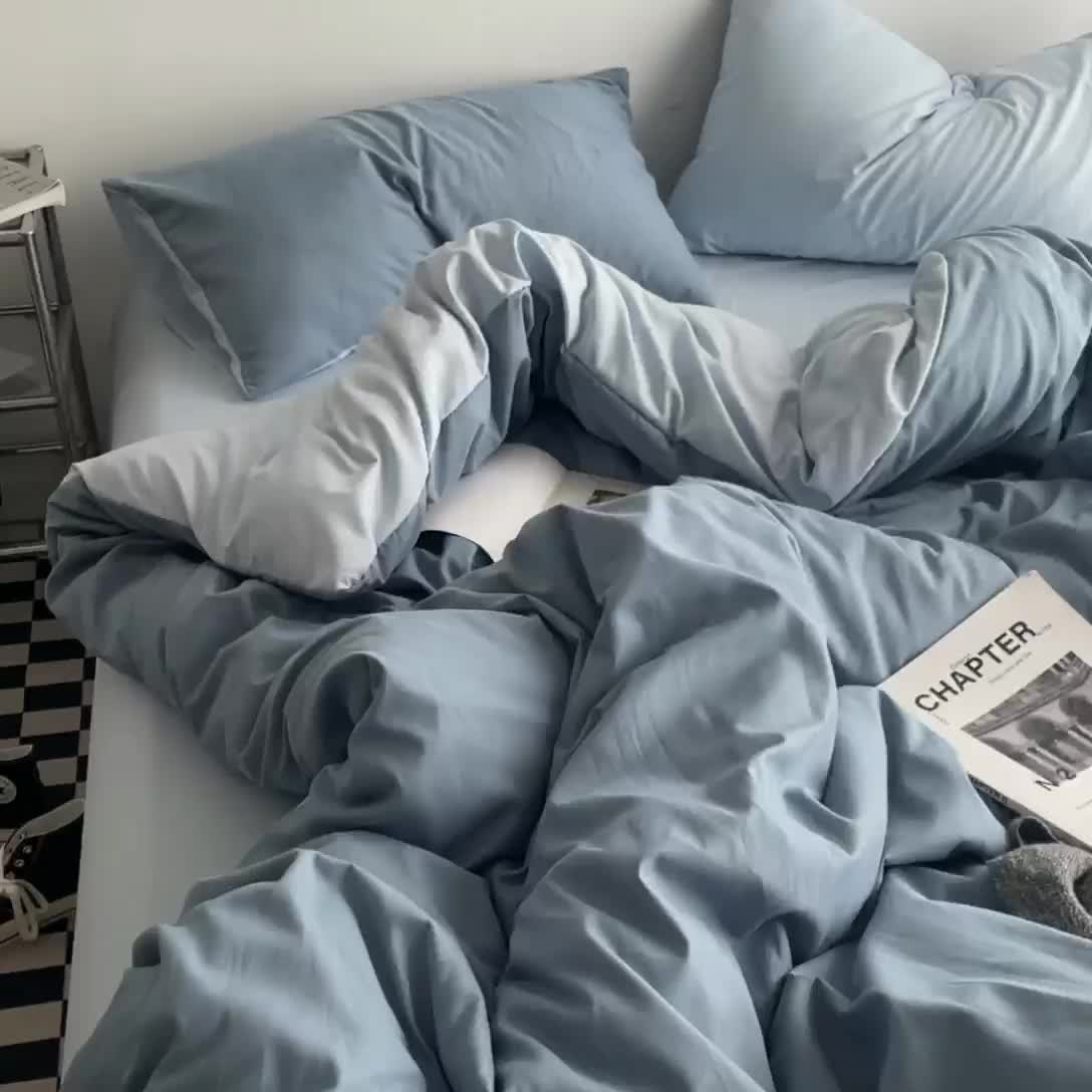 91家纺网 家纺一手货源 找家纺 贝拉梦 2023亲肤棉北欧简约风纯色双拼105G单品被套 月光雾蓝