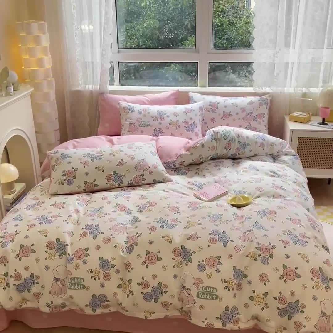 91家纺网 家纺一手货源 找家纺 曼之夏 （上新）2023春夏新款全棉印花四件套 兔语花香