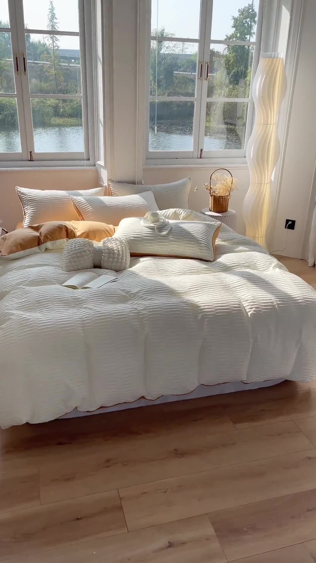 91家纺网 家纺一手货源 找家纺 总老K（美阁）2024年新款水洗棉奶油泡泡纱四件套单被套-时尚简约款