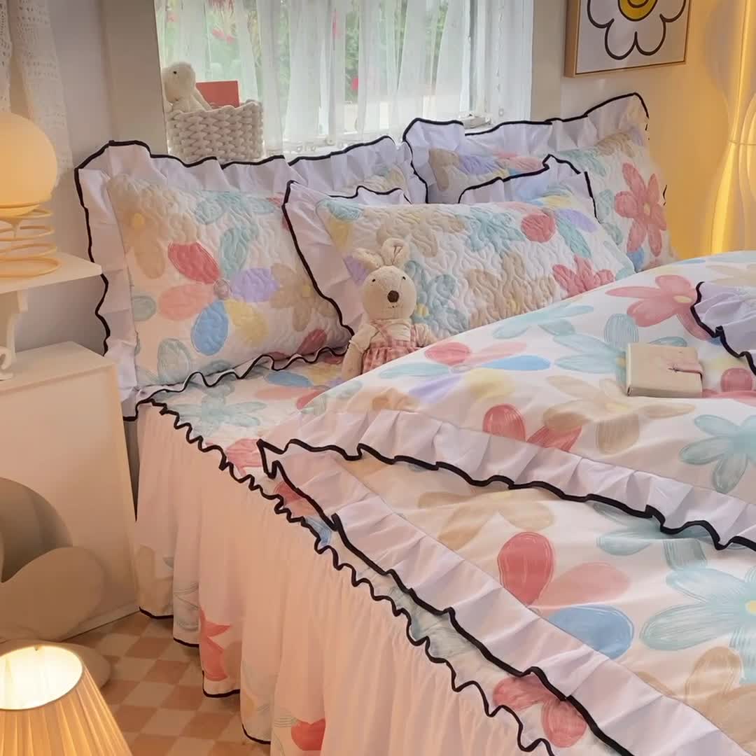 91家纺网 家纺一手货源 找家纺 金盛皇朝2025新款加厚亲肤床裙夹棉单件三件套四件套花束之美
