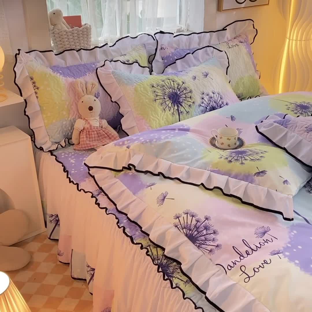 91家纺网 家纺一手货源 找家纺 金盛皇朝2025新款加厚亲肤床裙夹棉单件三件套四件套浮梦飞花