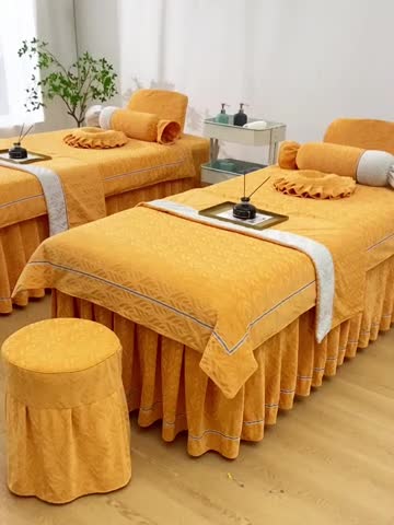 91家纺网 家纺一手货源 找家纺 莉人坊 2023时尚典雅裙摆3D压花德绒美容床罩 时尚典雅-橘色德绒