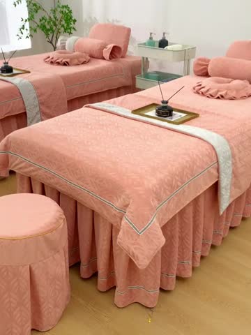 91家纺网 家纺一手货源 找家纺 莉人坊 2023时尚典雅裙摆3D压花德绒美容床罩 时尚典雅-粉色德绒