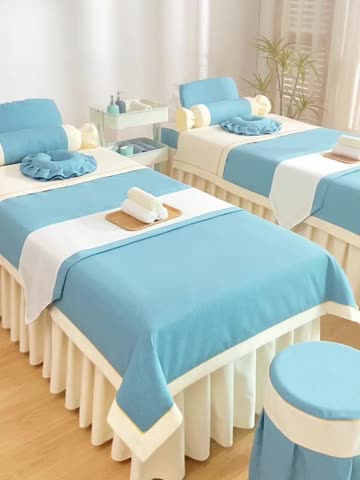 91家纺网 家纺一手货源 找家纺 莉人坊 2023至尊丽人裙摆彩棉麻美容床罩 至尊丽人湖蓝+米黄