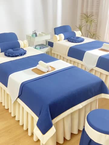 91家纺网 家纺一手货源 找家纺 莉人坊 2023至尊丽人裙摆彩棉麻美容床罩 至尊丽人海蓝+米黄