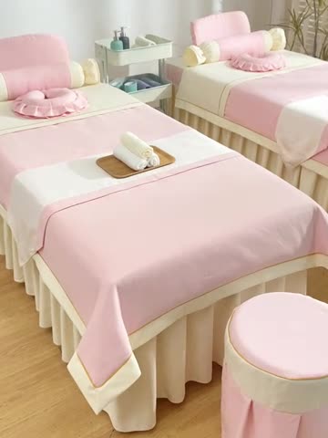 91家纺网 家纺一手货源 找家纺 莉人坊 2023至尊丽人裙摆彩棉麻美容床罩 至尊丽人粉色+米黄