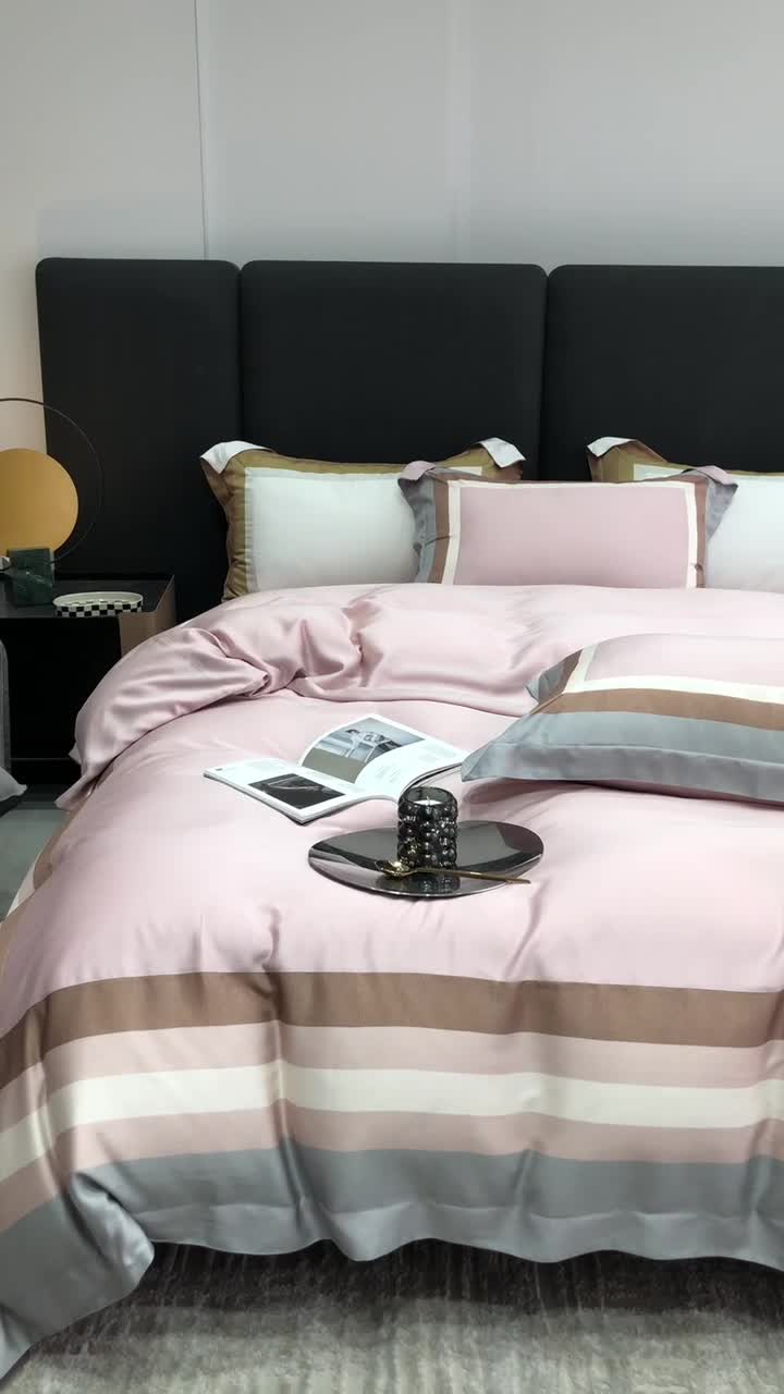 91家纺网 家纺一手货源 找家纺 北辰 2022新款100支天丝数码印花拼接四件套 浮卡-粉