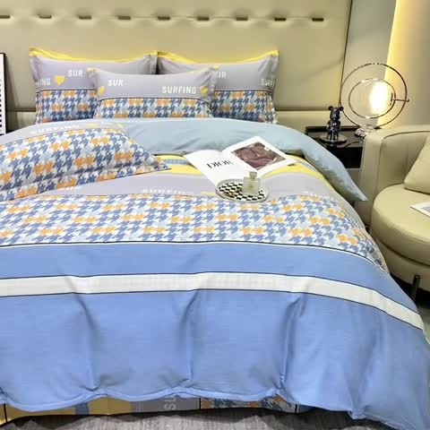 91家纺网 家纺一手货源 找家纺 金纱玉纺 2023新款全棉加厚磨毛四件套 千鸟格-蓝