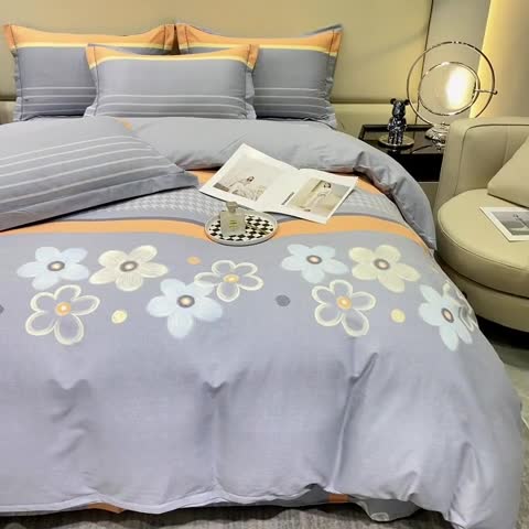 91家纺网 家纺一手货源 找家纺 金纱玉纺 2023新款全棉加厚磨毛四件套 花城-灰