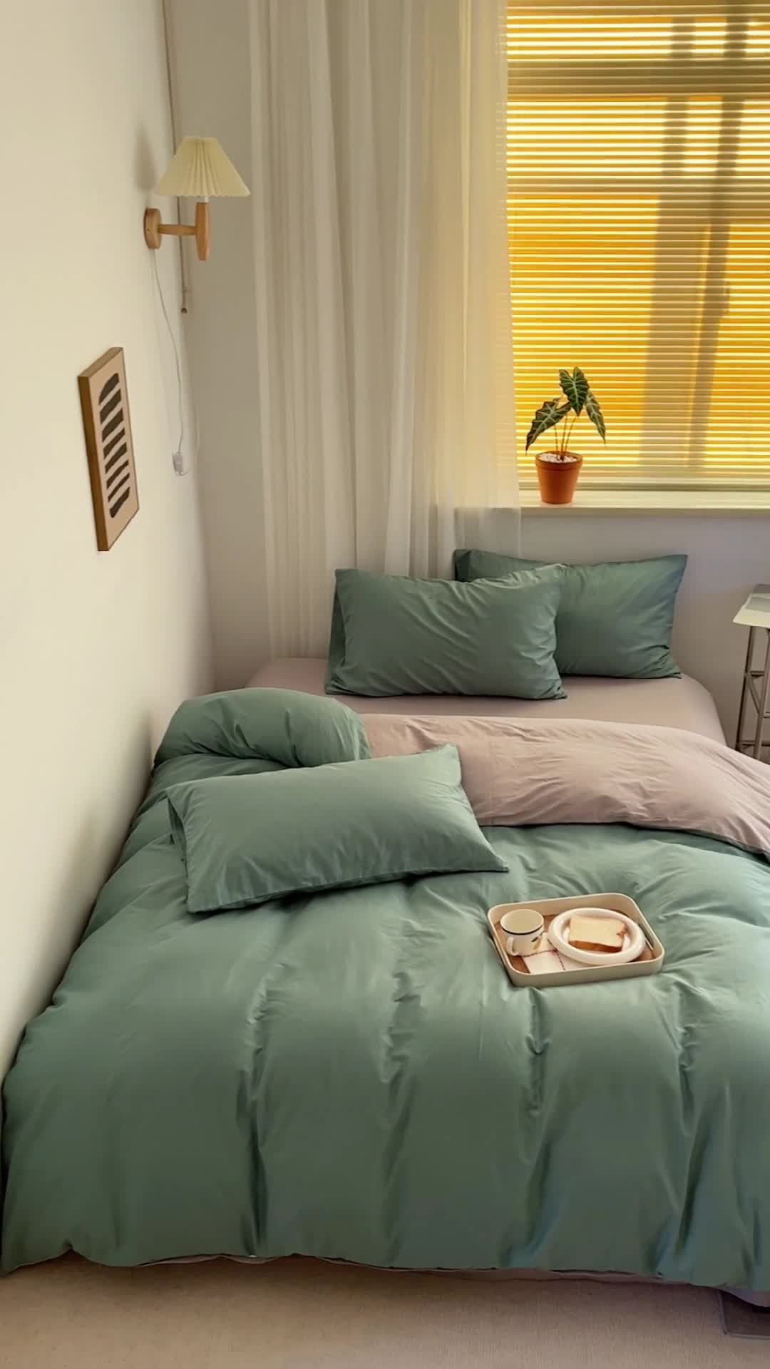 91家纺网 家纺一手货源 找家纺 十里居 2022新款40支13372全棉纯色四件套 湖绿+浅灰