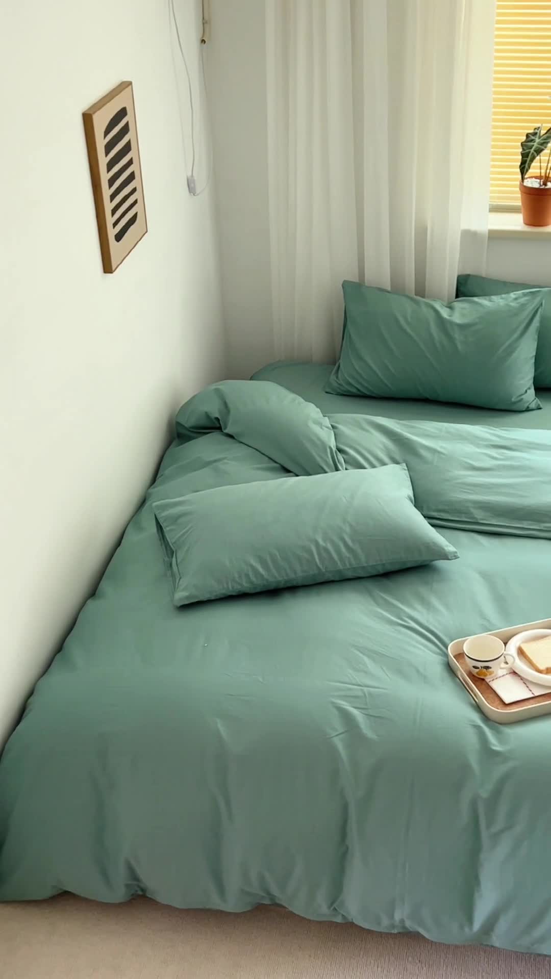 91家纺网 家纺一手货源 找家纺 十里居 2022新款40支13372全棉纯色四件套 湖绿