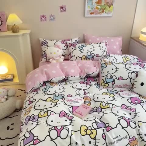 91家纺网 家纺一手货源 找家纺 正版授权HelloKitty系列全棉13372四件套多彩KT