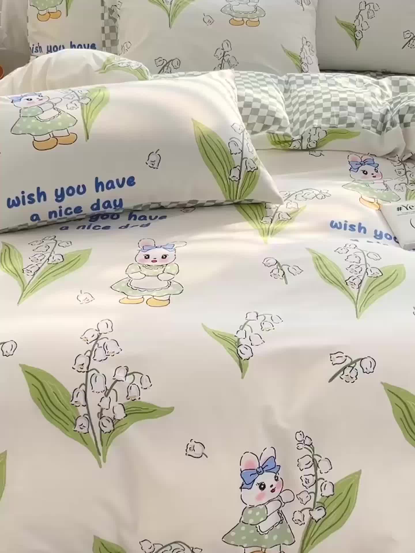 91家纺网 家纺一手货源 找家纺 梦家居 2023春季新品小清新系列全棉单被套 铃兰花兔