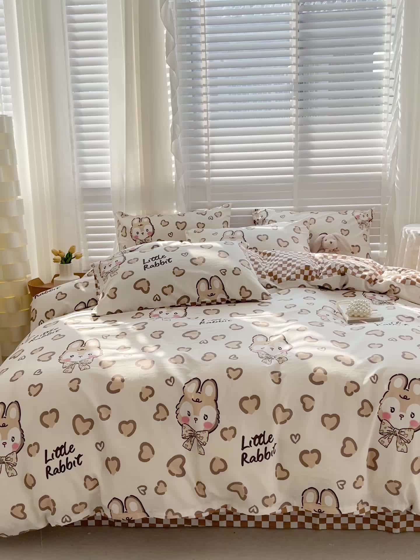 91家纺网 家纺一手货源 找家纺 梦家居 2023春季新品小清新系列全棉单被套 奶咖小兔