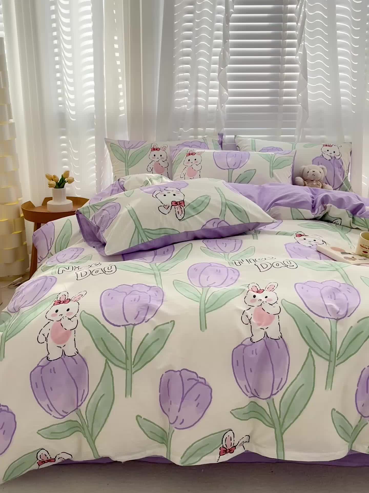 91家纺网 家纺一手货源 找家纺 梦家居 2023春季新品小清新系列全棉单被套 郁金紫兔