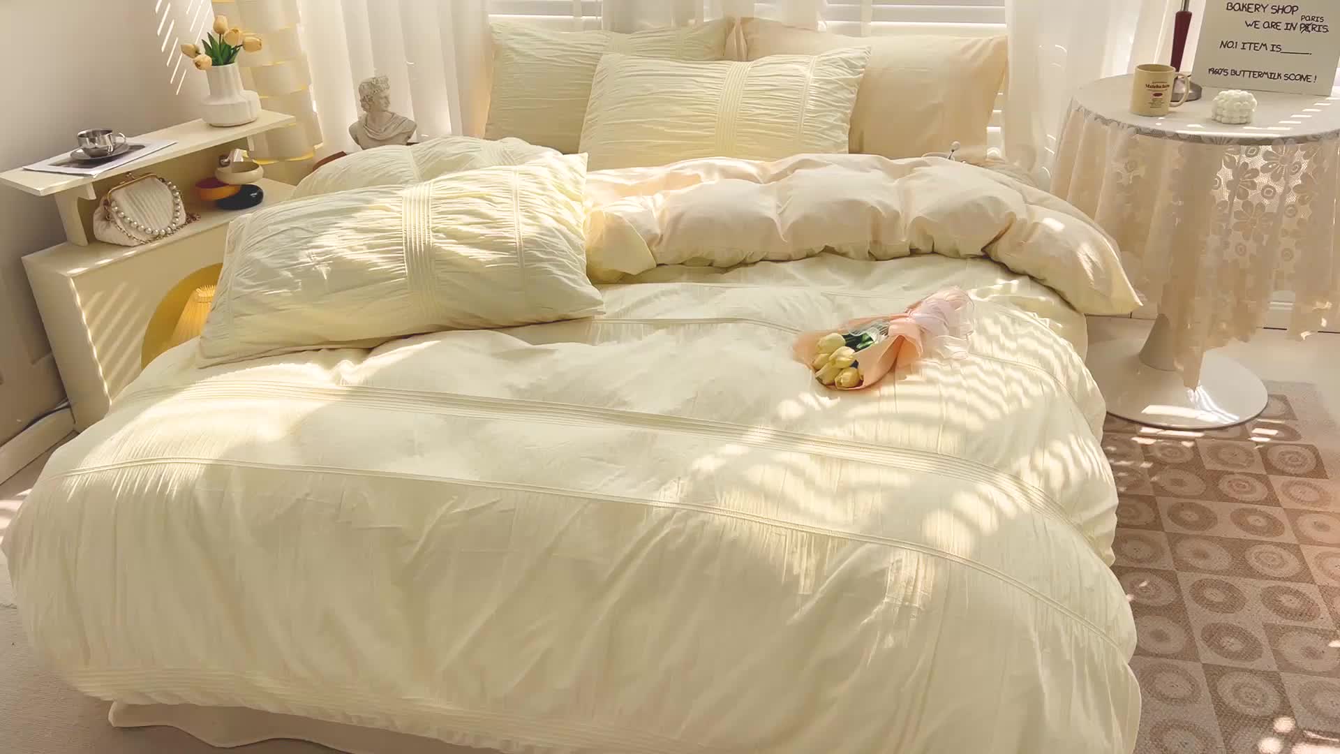 91家纺网 家纺一手货源 找家纺 娜娜 2022新款全棉泡泡纱四件套 泡泡纱-奶昔黄