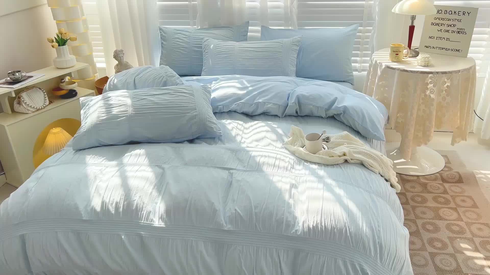 91家纺网 家纺一手货源 找家纺 娜娜 2022新款全棉泡泡纱四件套 泡泡纱-湖蓝